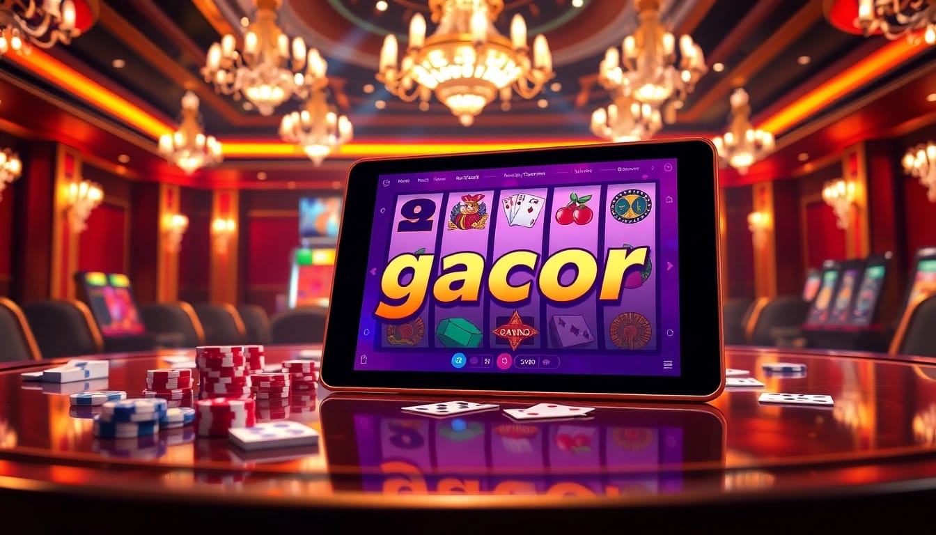Experience slot gacor excitement in an opulent casino setting with vibrant slot machines and refined elements.