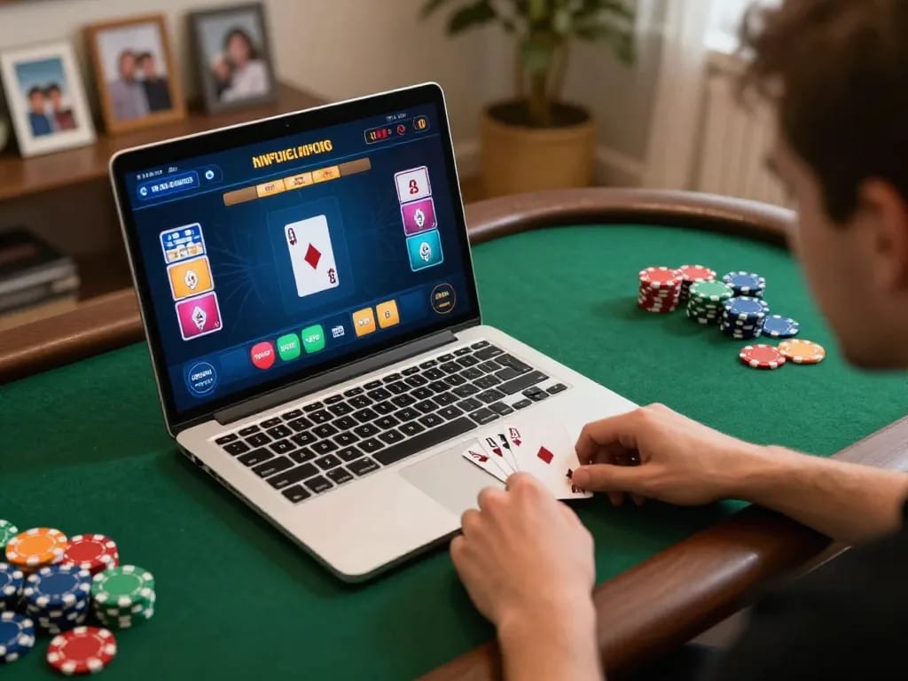 Engaging online poker activity at home on KP88, showcasing strategic gameplay and a cozy atmosphere.