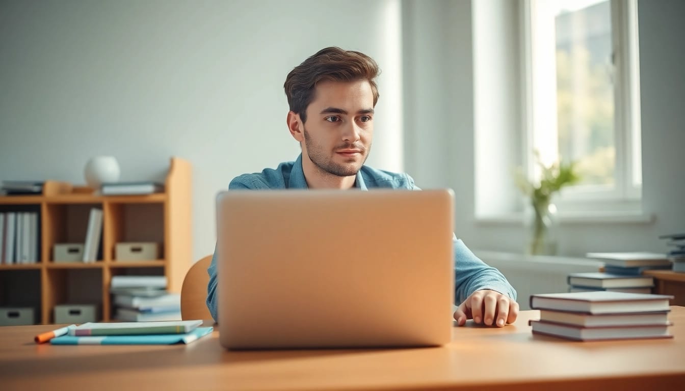 Pay someone to sit my exam - Professional sitting at a laptop focused in a bright study environment.