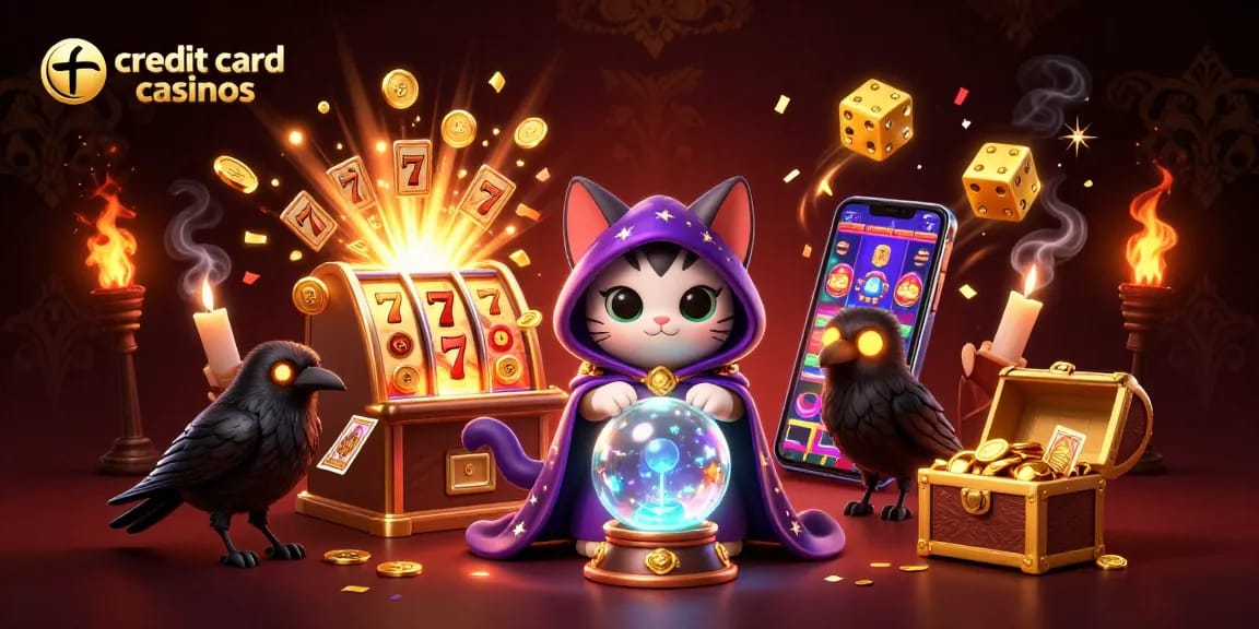 Engage with the vibrant scene of credit card casinos featuring a mystic cat and a tarot raven.