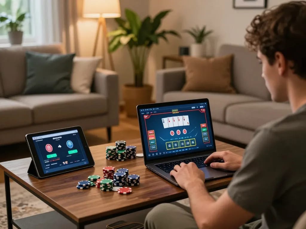 Player engaging with vipwin online gaming format, showcasing poker strategies at home.