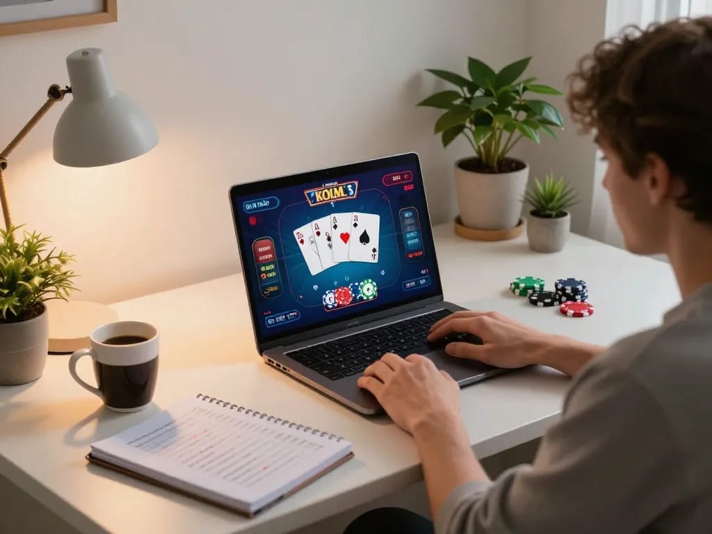 SC88 player enjoying online poker at home, showcasing a vibrant atmosphere with strategic betting notes.