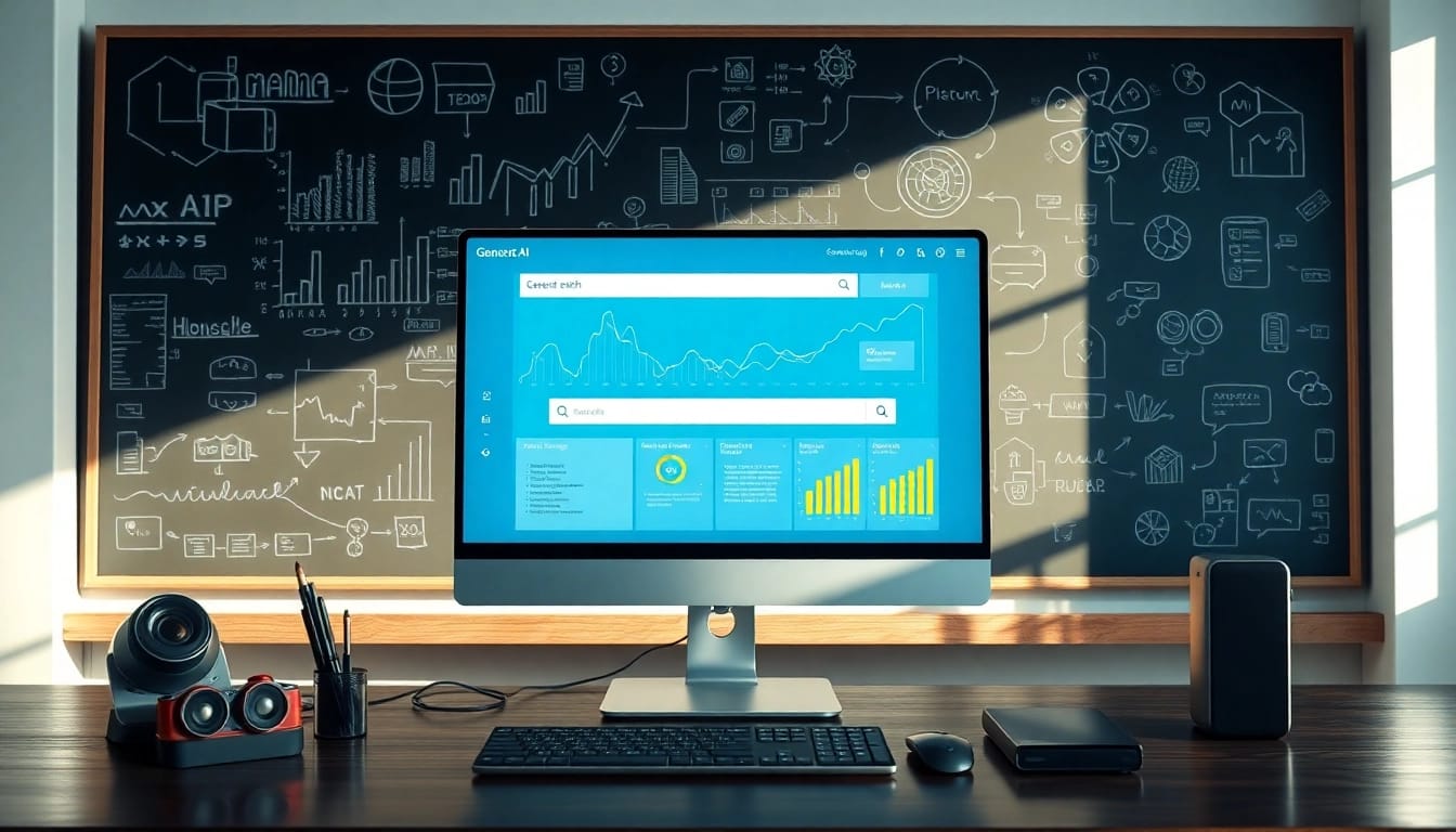 Illustration of generative KI-Suchsysteme on a computer screen with dynamic data visuals.