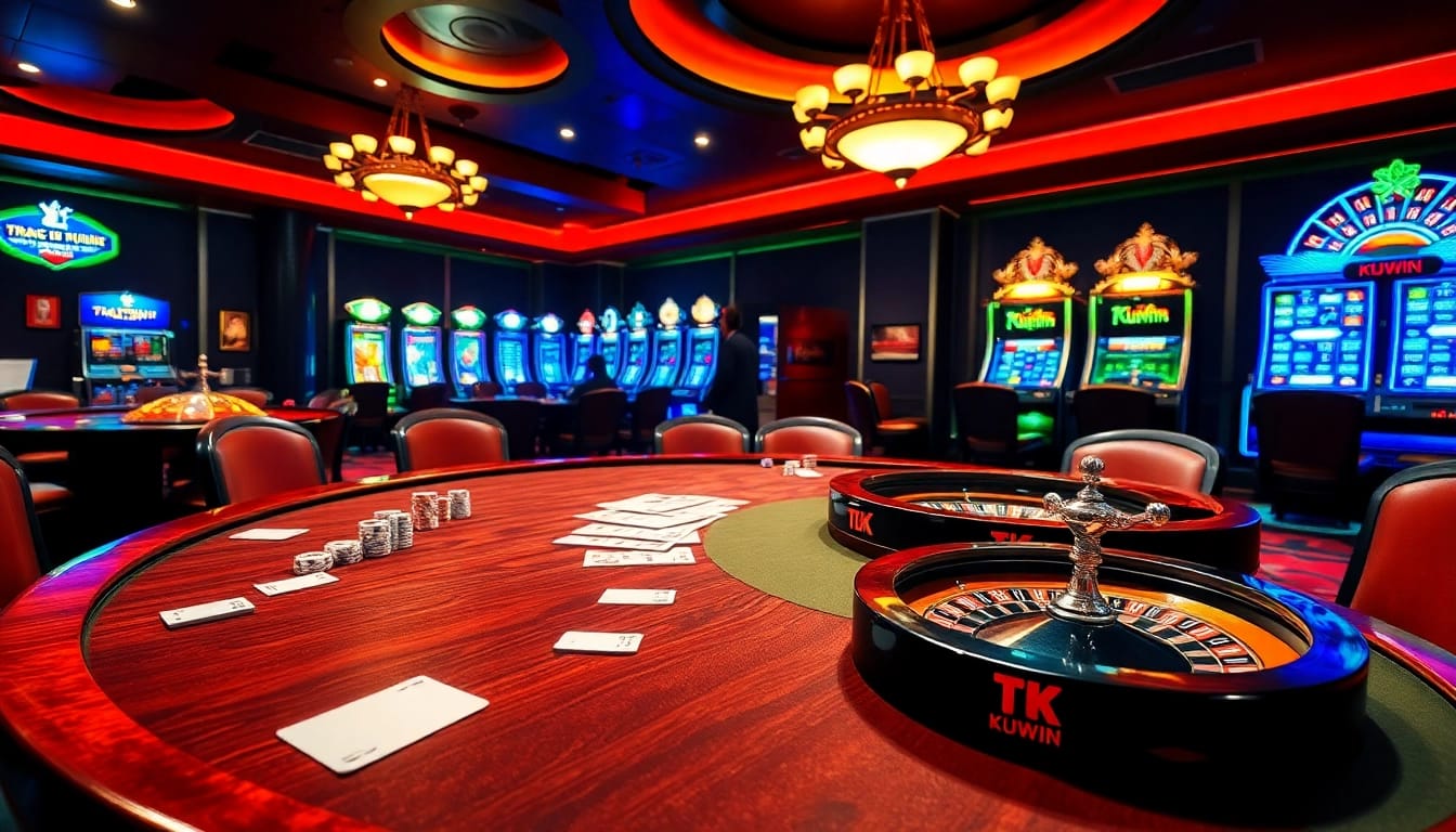 Exciting casino scene showcasing Trang Chủ Kuwin with players at a poker table, roulette wheel, and glowing slot machines.