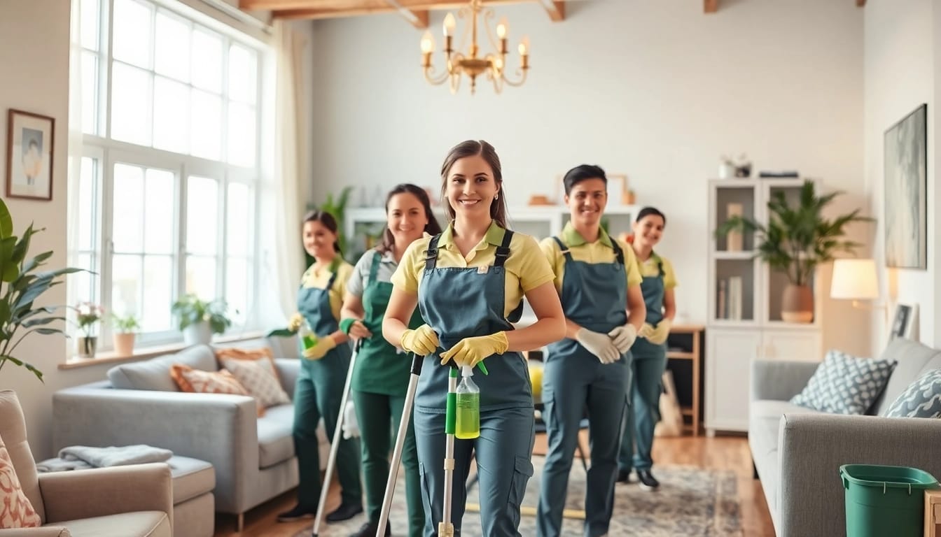 Cleaning services near me showcased by a professional team in a bright living room environment.