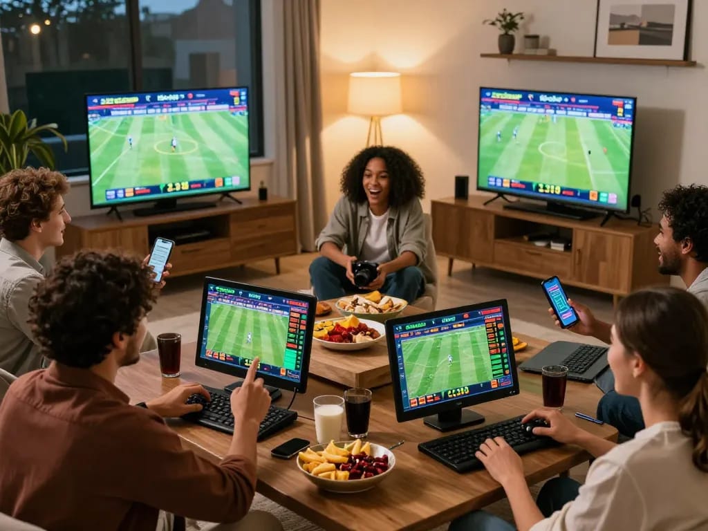 SboBet sports betting excitement as friends engage in live sports while placing bets on smartphones