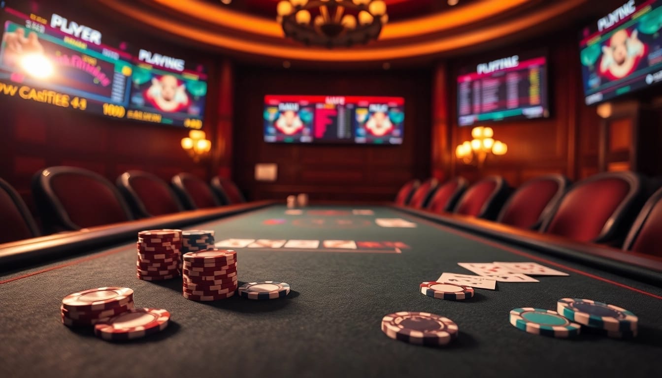 Lingkungan poker online yang menarik menampilkan permainan Texas Hold'em dengan chip dan kartu yang cerah.