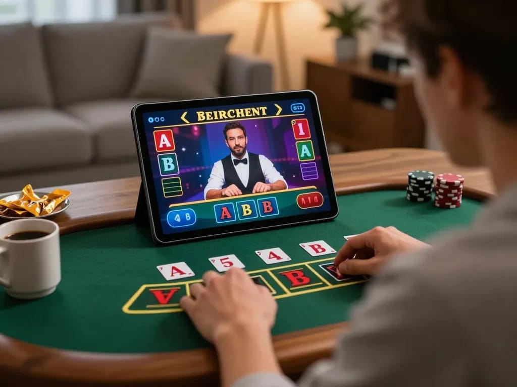 Engaging in thrilling blackjack gameplay at home with da88, showcasing dynamic tablet interface and cozy atmosphere