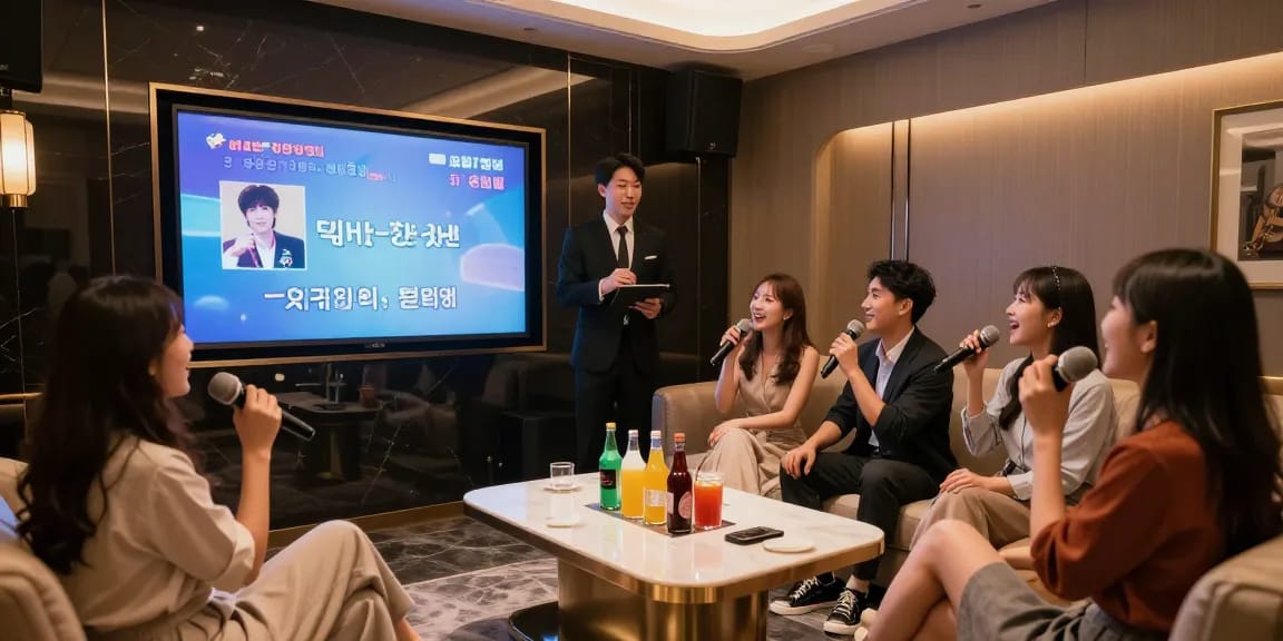 강남가라오케의 고급스러운 프라이빗 룸에서 즐거운 분위기 속에서 노래하는 친구들