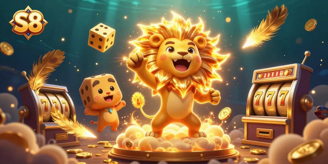 Experience the thrilling S8 gaming adventure as golden dice and a vibrant sun lion come alive in a dynamic casino scene.