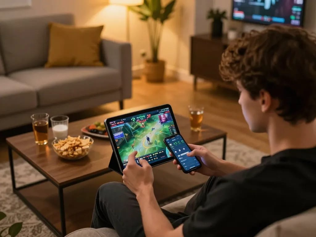 Engaging with OKWIN live streaming for esports betting on a cozy tablet setup.