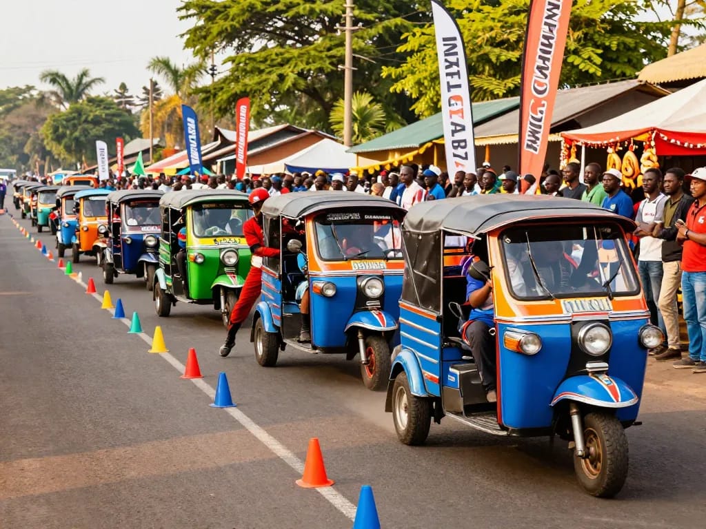 Tuk tuk motorsport Kenya event capturing vibrant racing scene with colorful tuk-tuks and cheering crowd.