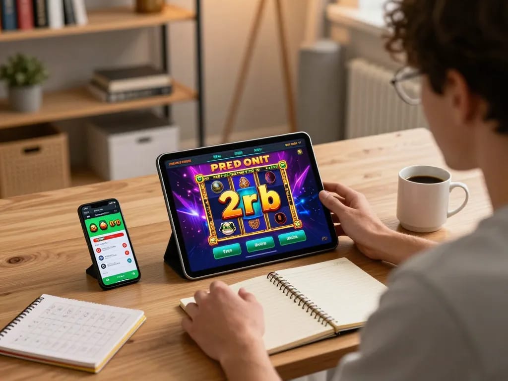 Engaging in slot deposit 2rb online gaming on a tablet at a stylish desk, highlighting strategic play.