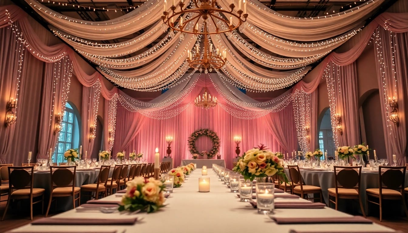 Festlich dekorierter hochzeitssaal mit romantischen Details und eleganten Arrangements.