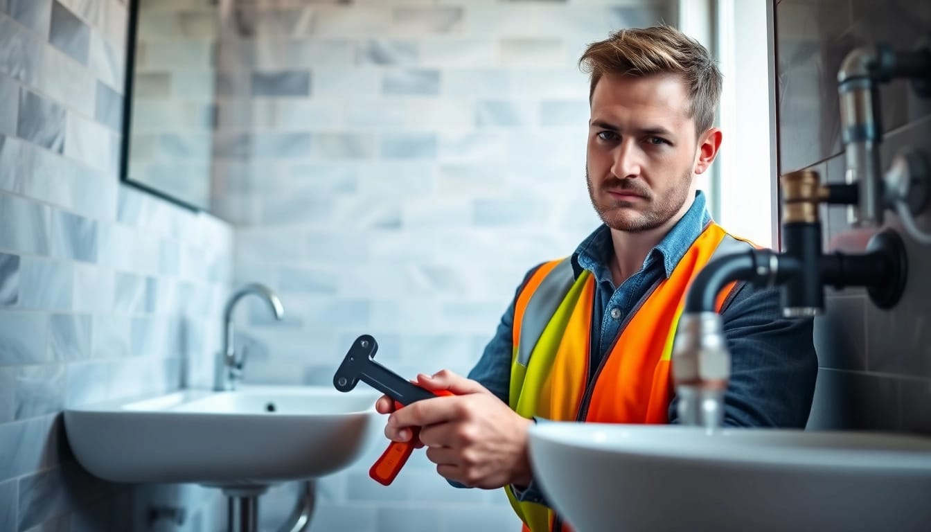 Skilled plumber near me fixing a leaky pipe with precision in a modern bathroom.