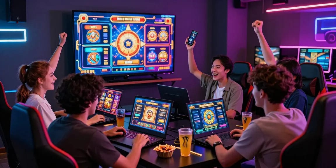 Exciting group enjoying slot online games with laptops and snacks in a vibrant gaming room.