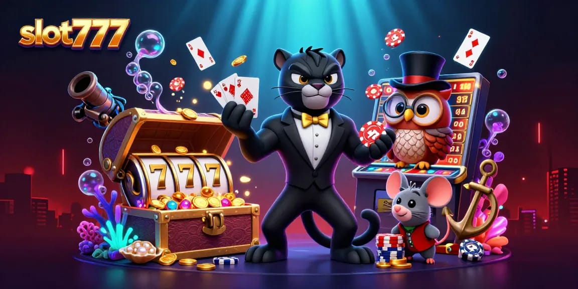 Menangkan jackpot dengan slot777 dalam ilustrasi kasino yang penuh warna dan detail.