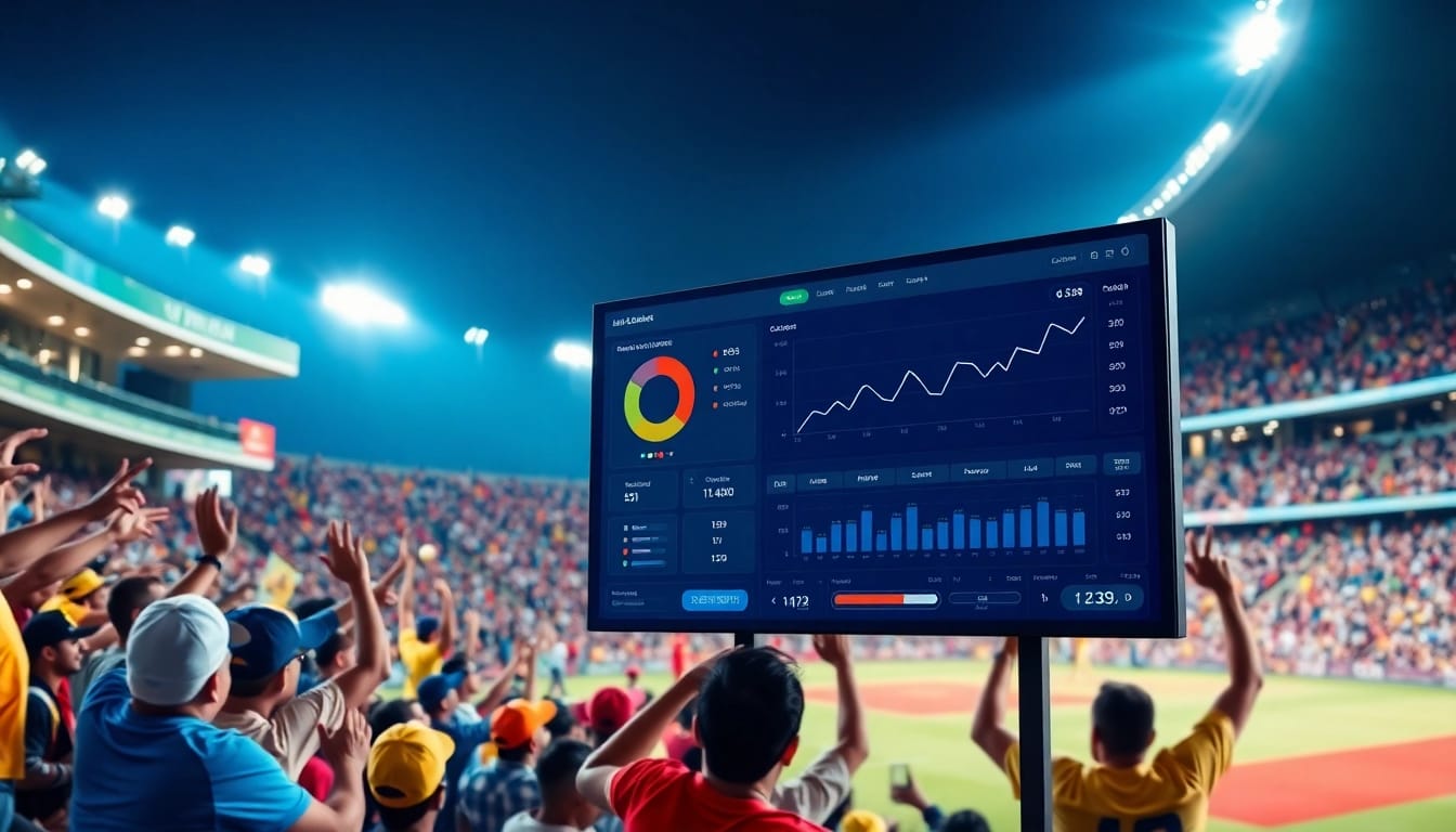 A dynamic scene depicting ipl cricket prediction with fans cheering and data analytics displayed.