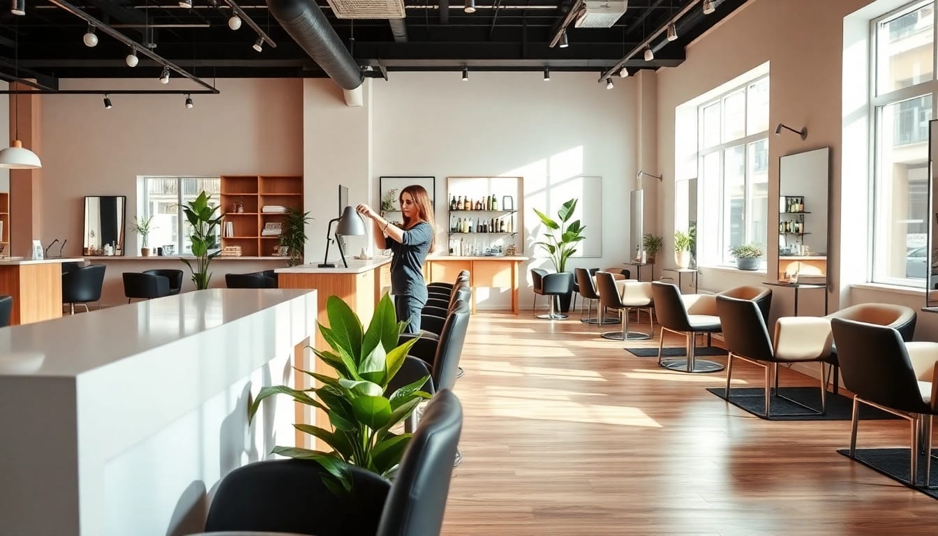 salon craiova - Elegant hair salon with modern decor and professional stylist at work.