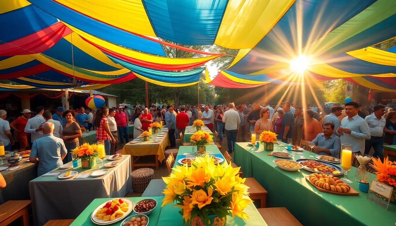 Party Rentals Near Me showcase with colorful tents and joyful guests celebrating an outdoor event.