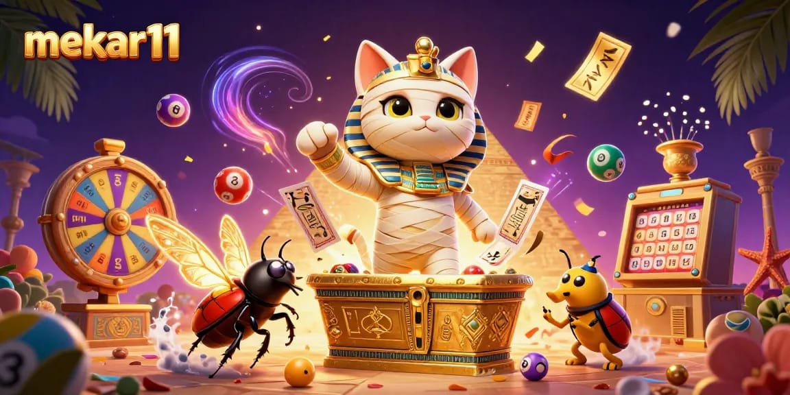 Mekar11 showcases a vibrant scene in a pyramid casino with an Egyptian mummy cat and a scarab, capturing dynamic lottery gaming.