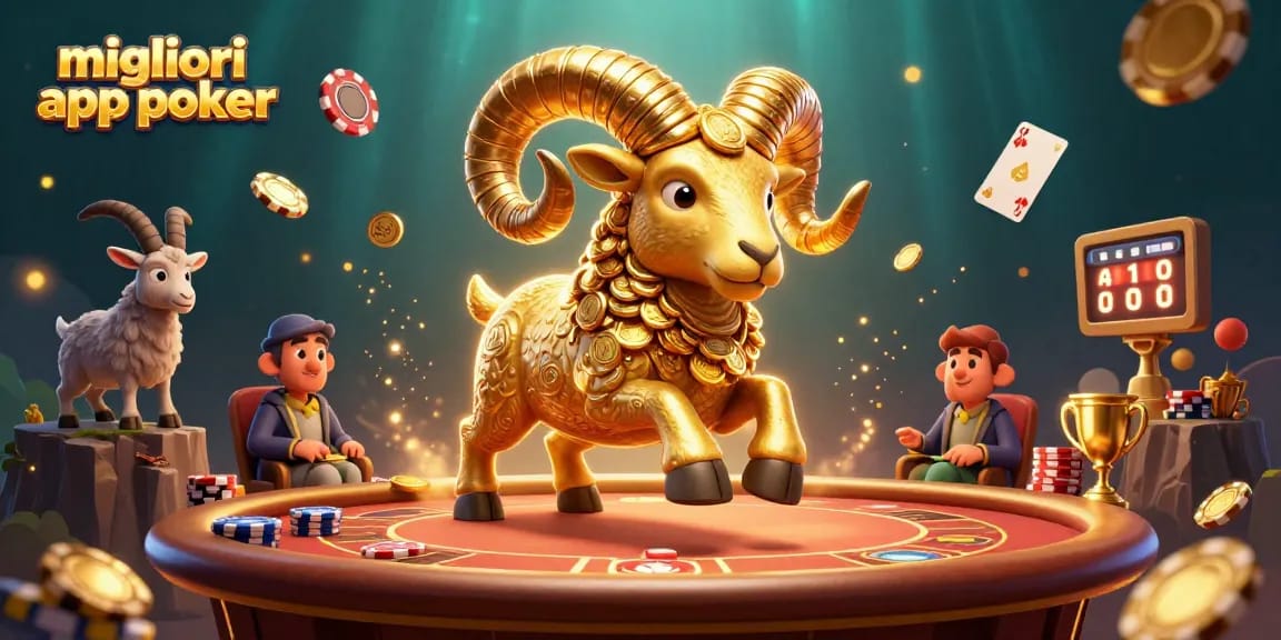 Giocare con le migliori app poker: ram dorato e tavolo da poker con elementi dinamici e trofeo.