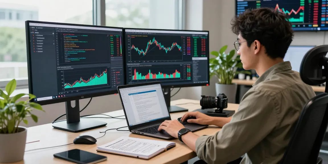 Real-time forex WebSocket stream API interface shown on a developer's monitors in a modern trading workspace.