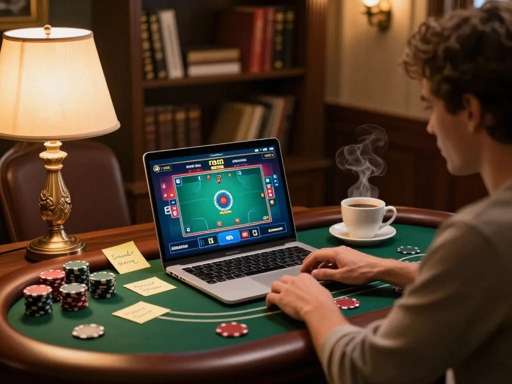 Engaging in online poker gameplay at https://777x.bid/ with strategic notes and warm atmosphere.