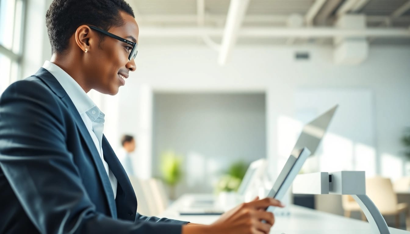 Engaging enterprise assistant interacting with AI in a dynamic office environment.