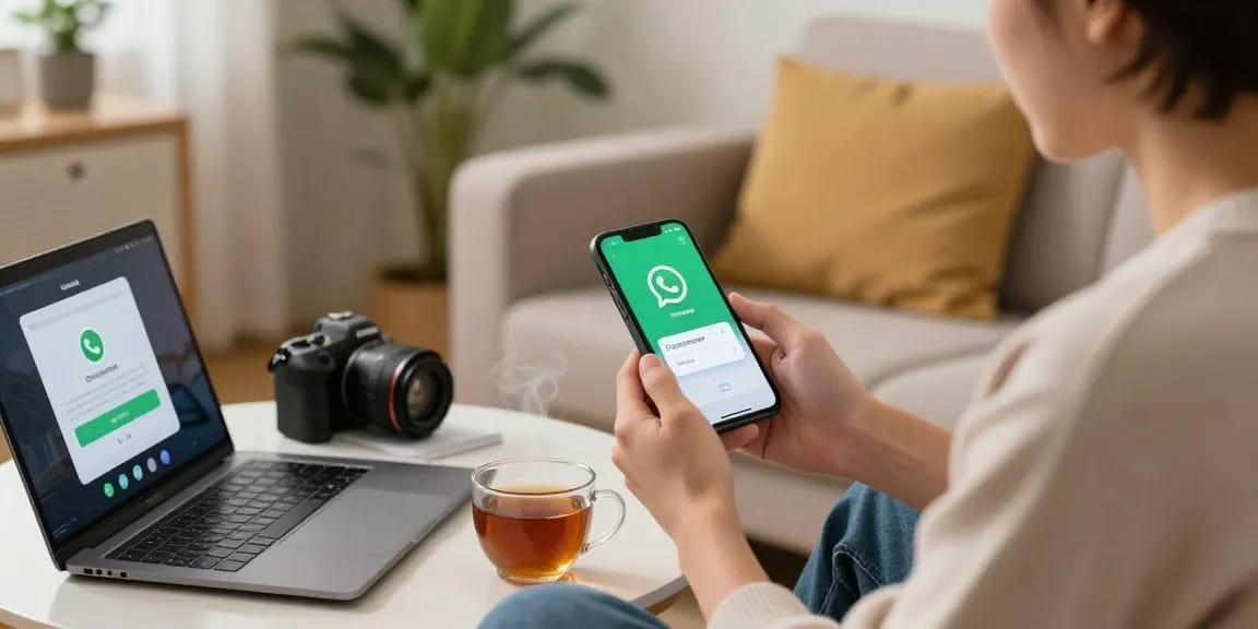 WhatsApp下載 on smartphone in a cozy home setting showing app installation.