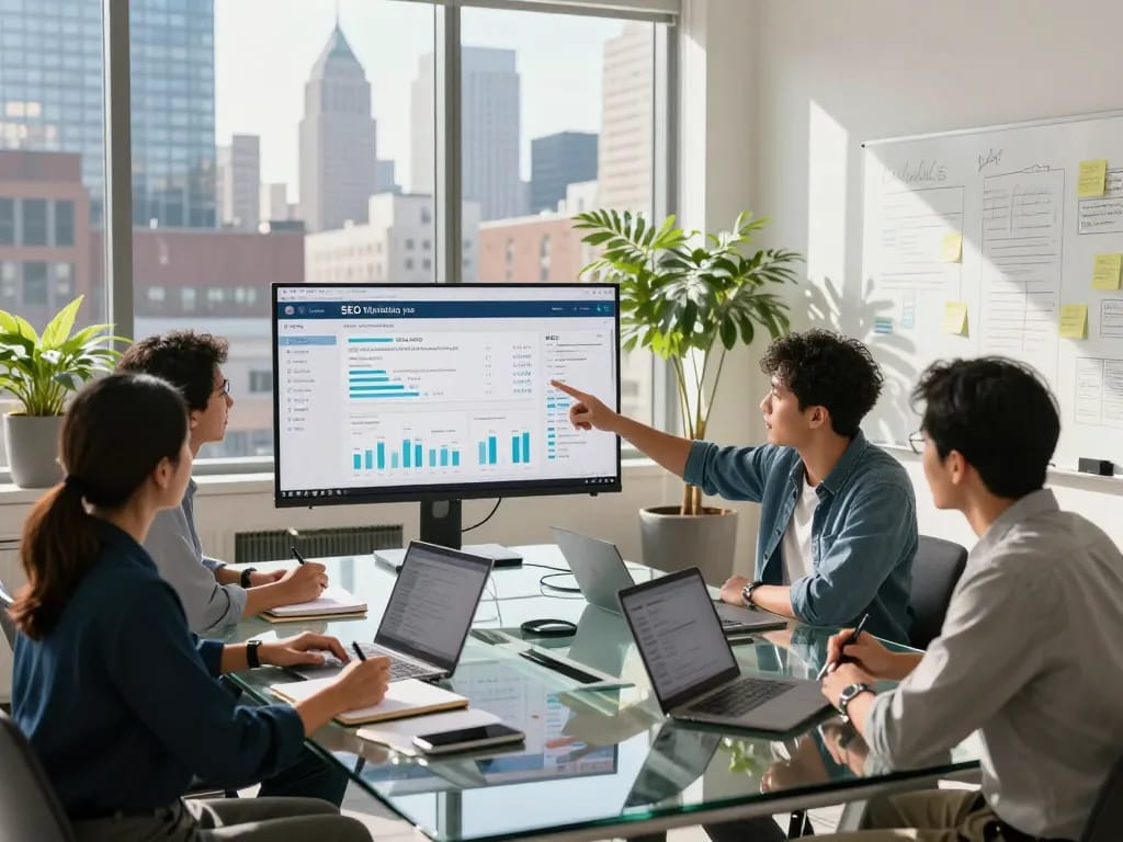 Collaborative New York SEO Services team analyzing digital marketing metrics in a modern office setting.