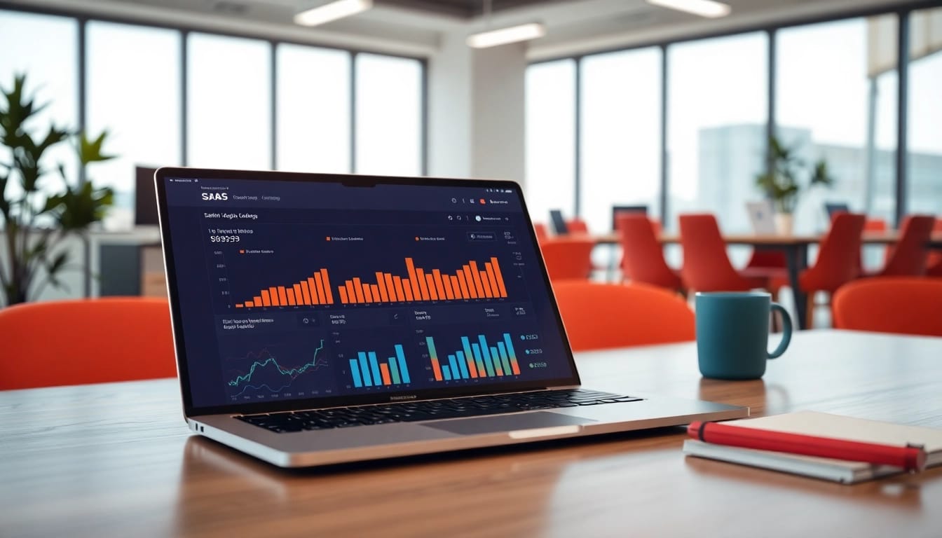 Showcasing a professional SaaS dashboard on a laptop with data analytics.