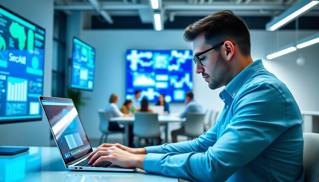 Enterprise assistant collaborating in a modern office, showcasing a digital interface.