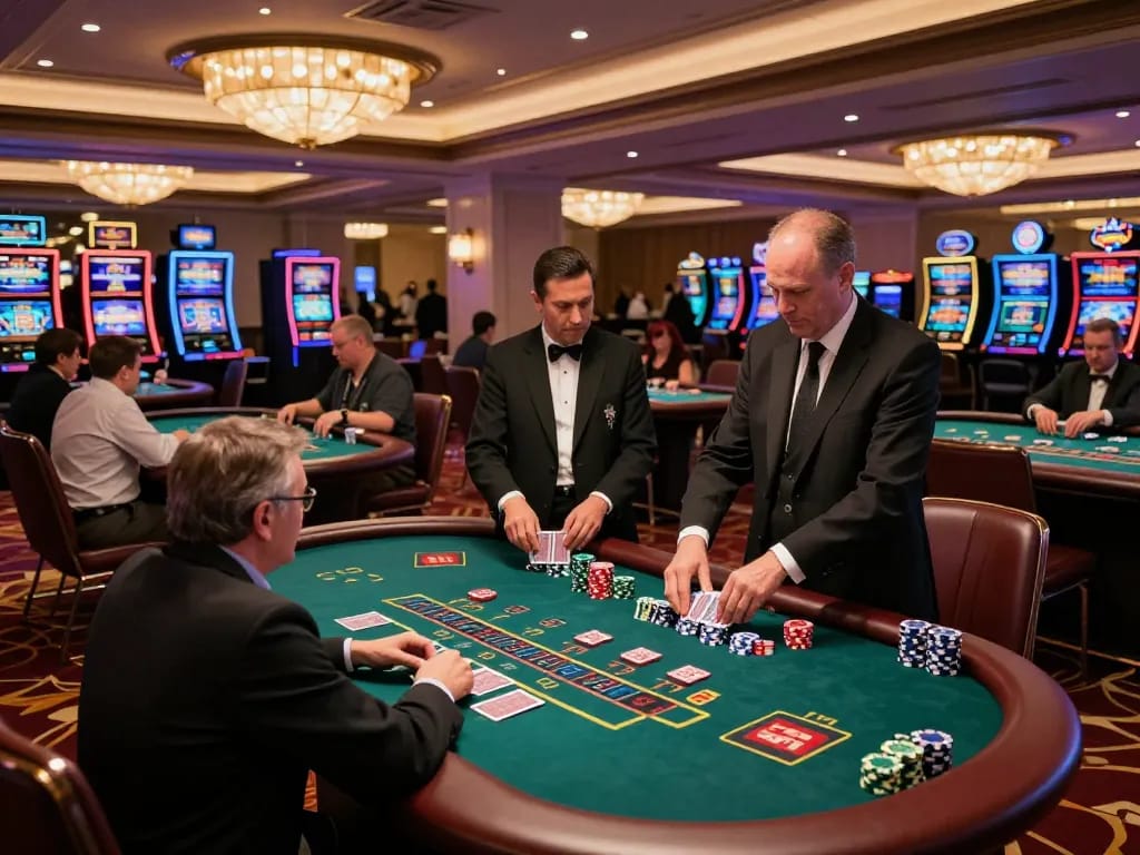 Players strategizing at blackjack tables in an upscale casino, featuring winstrike69 brand tables.