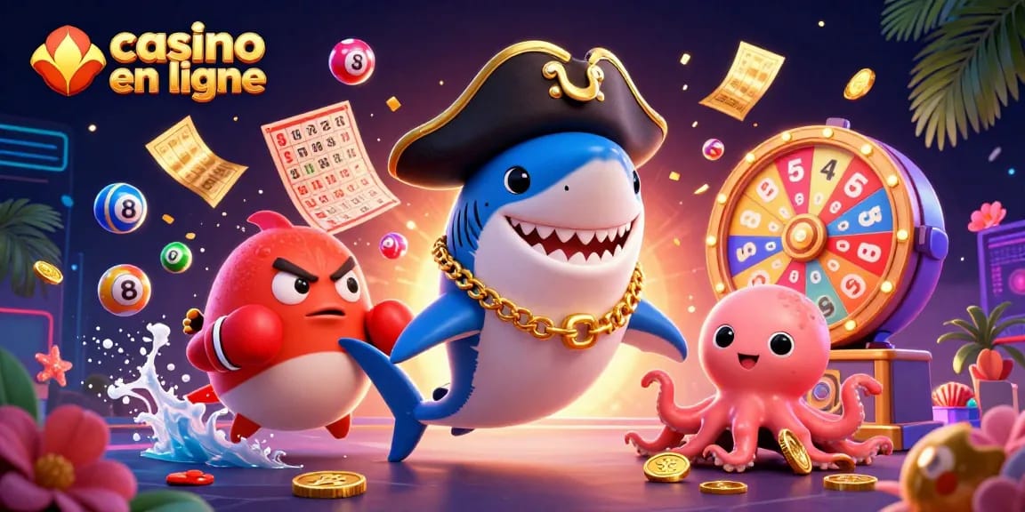 Jouer au casino en ligne avec une illustration de requin pirate et un octopus gagnant des pièces d'or.
