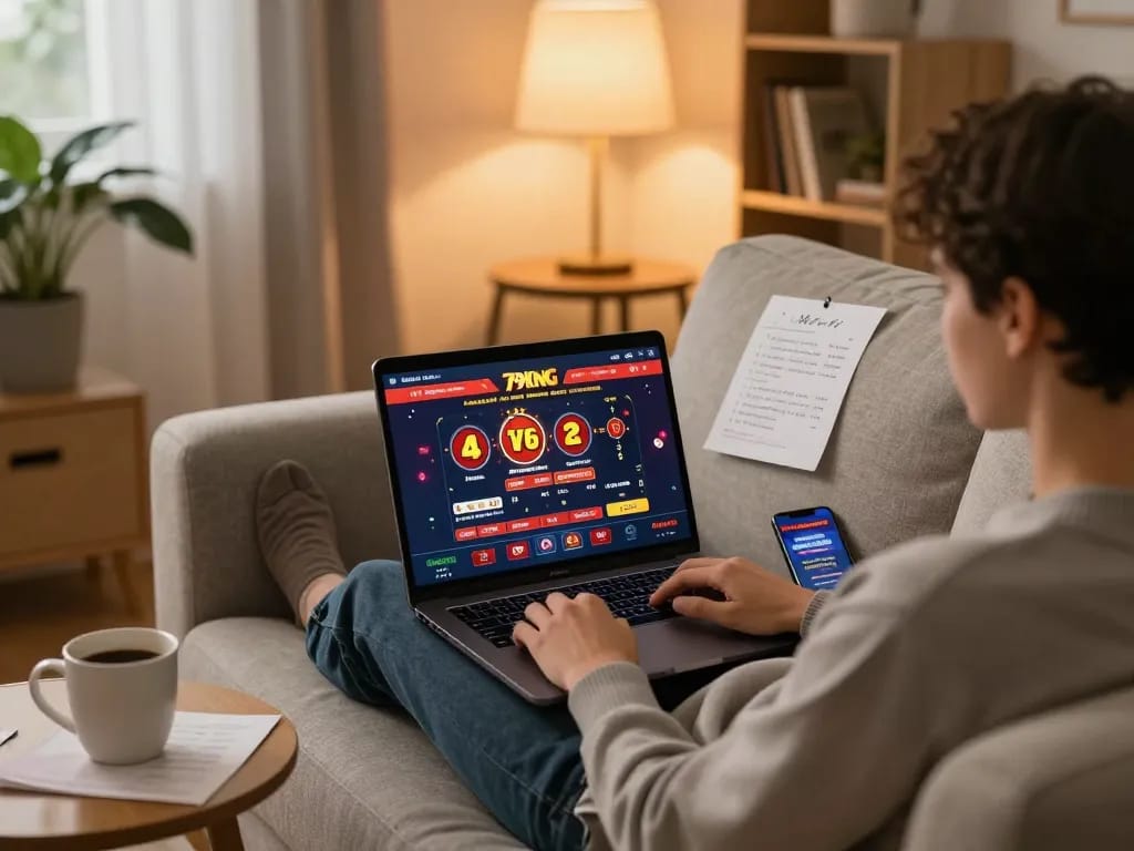 Engaging in safe online gaming with link vào 79king an toàn on laptop in a cozy home environment