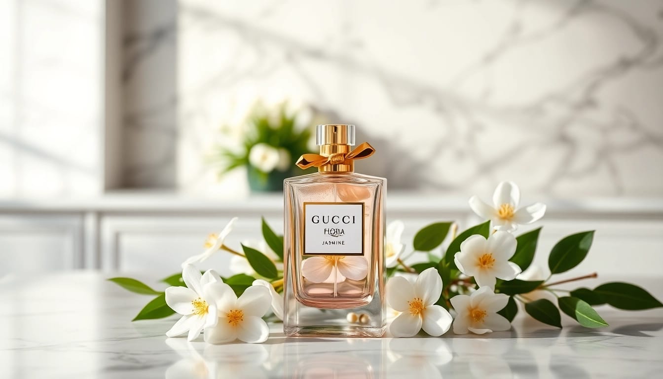 Find gucci flora 50ml best price with a stylish bottle display surrounded by jasmine flowers.