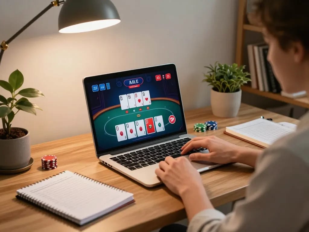 Player engaged in a rik vip online poker game with strategic notes and laptop setup.