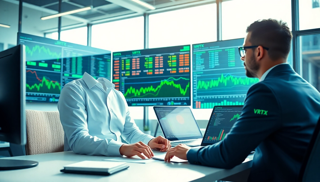 Analyze current VRTX stock price trends and performance in a modern office setting.