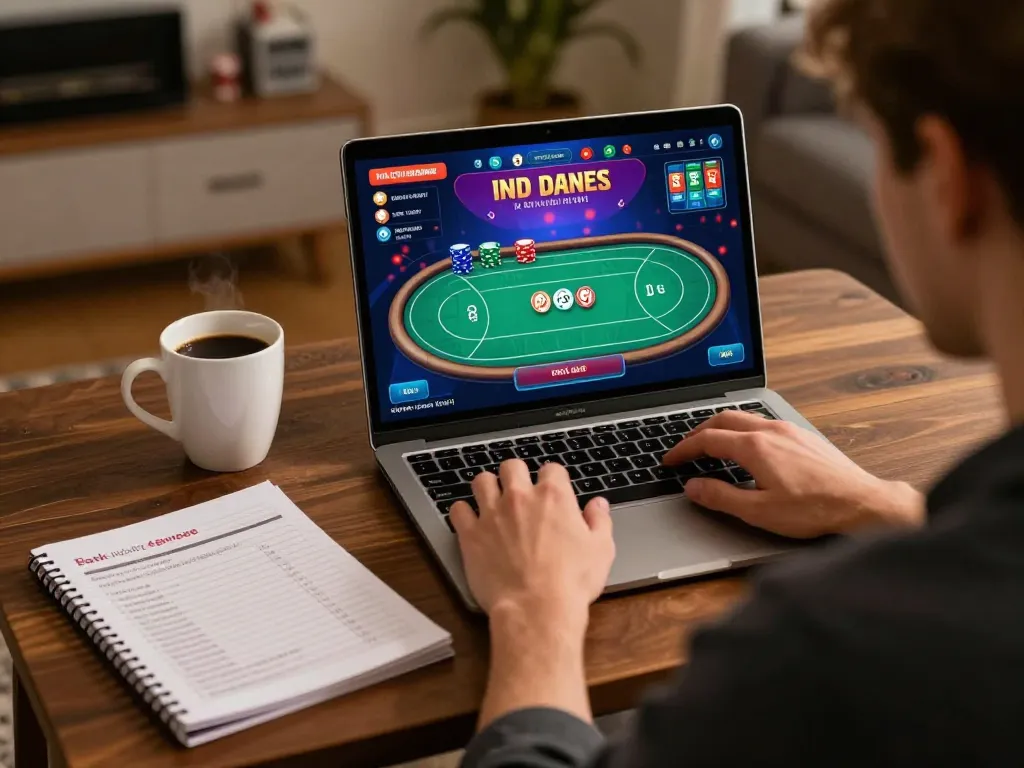 Player enjoying online poker at home with 32win on laptop screen and strategy notes