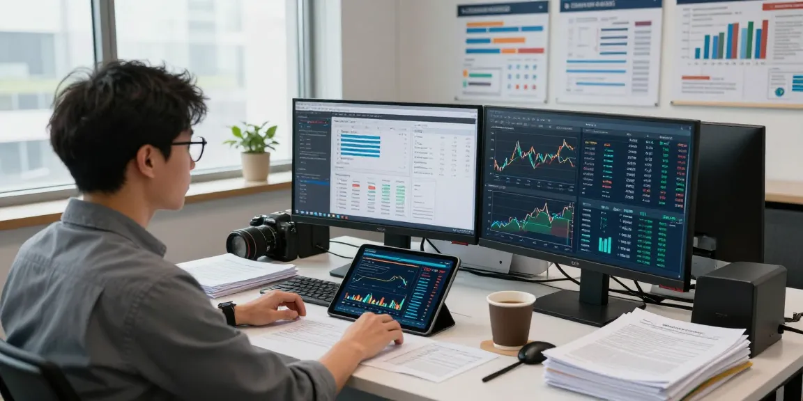 Data analyst working on financial crime intelligence insights in a professional office.