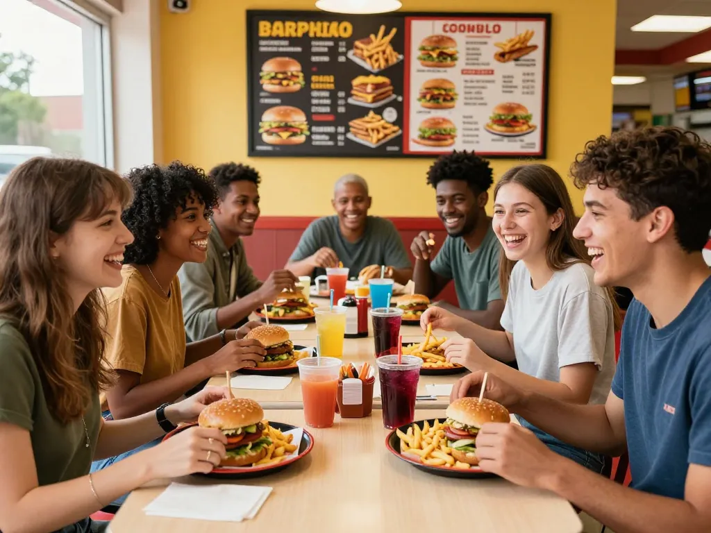 Delicious fast food menu items showcased on vibrant restaurant table, highlighting burgers and fries.