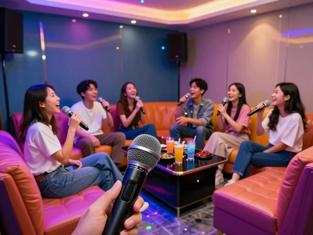 친구들이 3no.org/seo에서 LED 조명과 푹신한 좌석이 있는 활기찬 분위기에서 노래방 세션을 즐기고 있습니다.