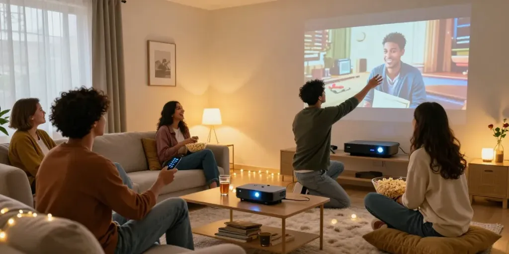 Friends enjoying a movie night on the idlix web streaming platform, cozy living room setup with projector.