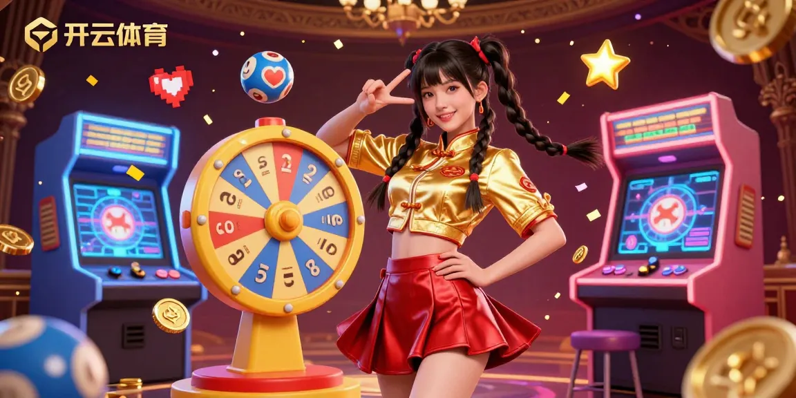 与开云体育互动,一位充满活力的亚洲女性在五彩斑斓的彩票球和奖轮中摆姿势,庆祝获胜!