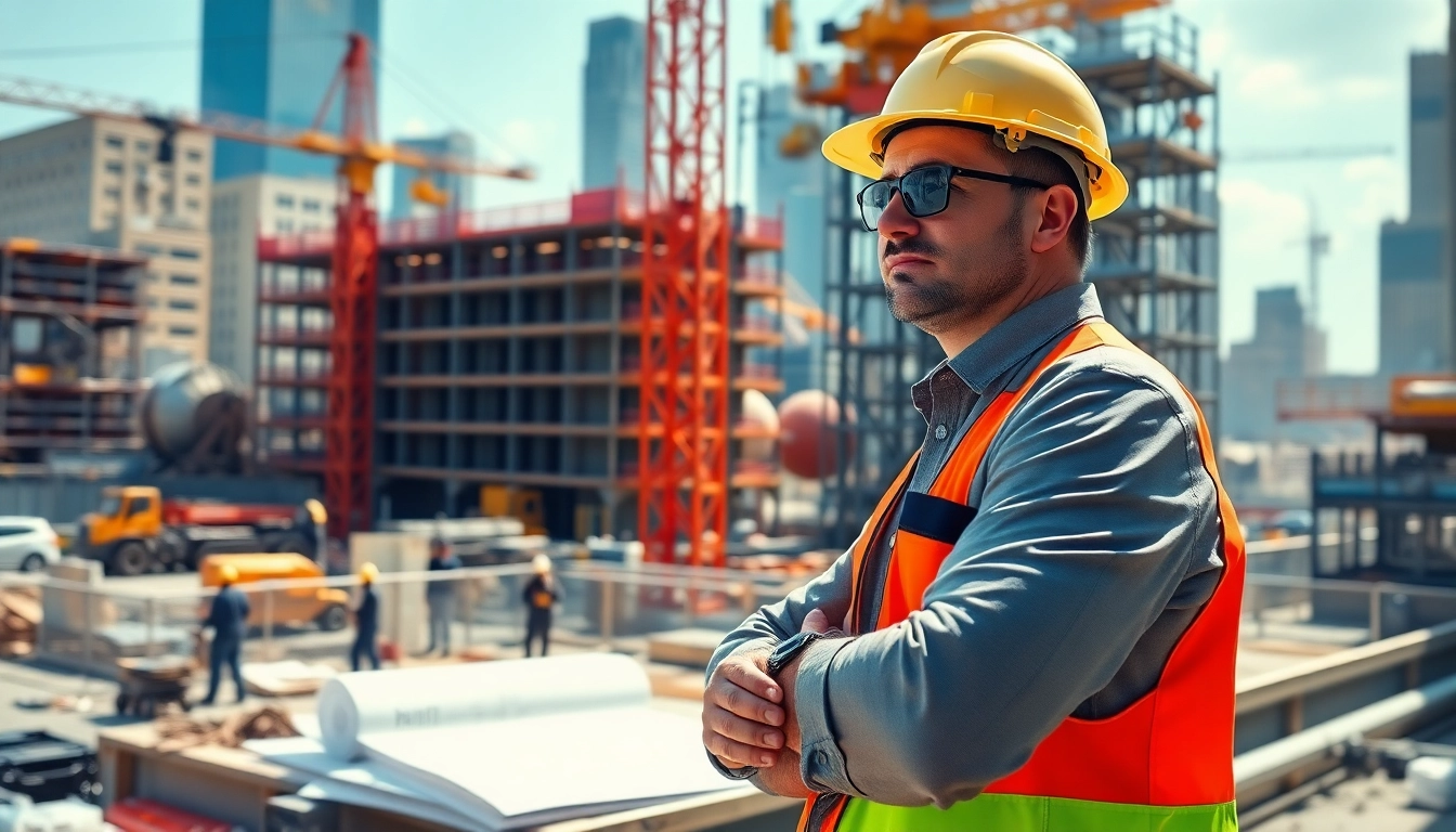Manhattan Commercial General Contractor supervising a bustling construction site with cranes and workers.
