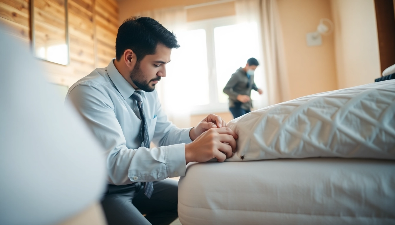 Bed bug control expert examining a mattress during a professional treatment session.