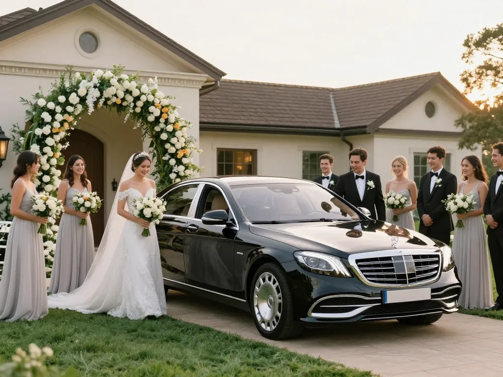 Trải nghiệm sự thanh lịch của việc thuê xe cưới Mercedes cho một đám cưới sang trọng với những cảnh hoa đẹp và các cặp đôi hạnh phúc.