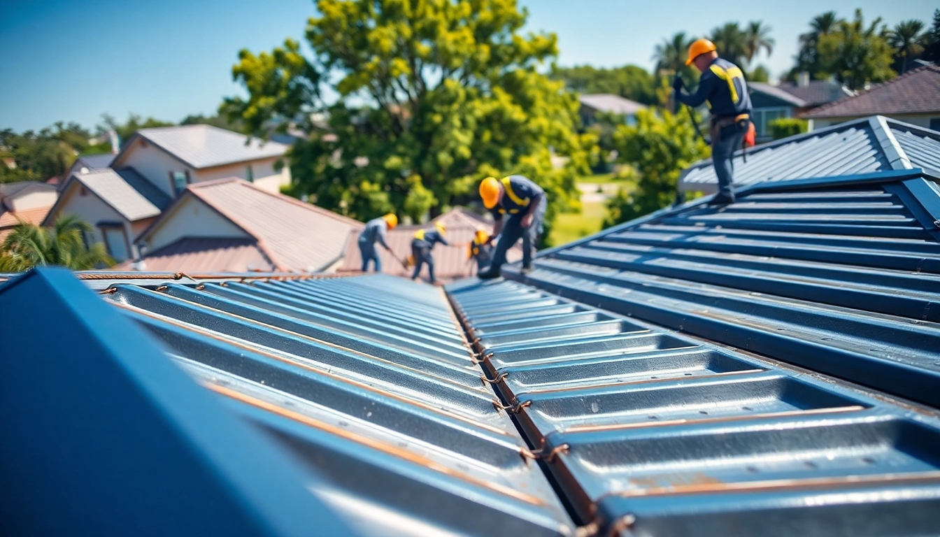 Installers applying metal roofing toronto in a residential area with various roof styles.