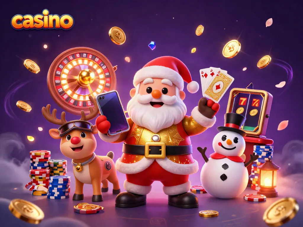 Experience the casino excitement with Santa, his reindeer dealer, and a poker chip snowman!